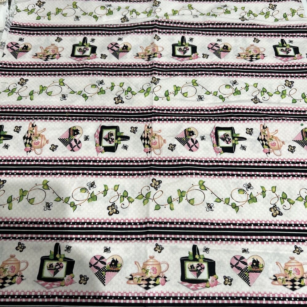 QT Fabrics Picnic Tea Butterfly Bee Strip Panel Cotton Quilting Pink Black 23"